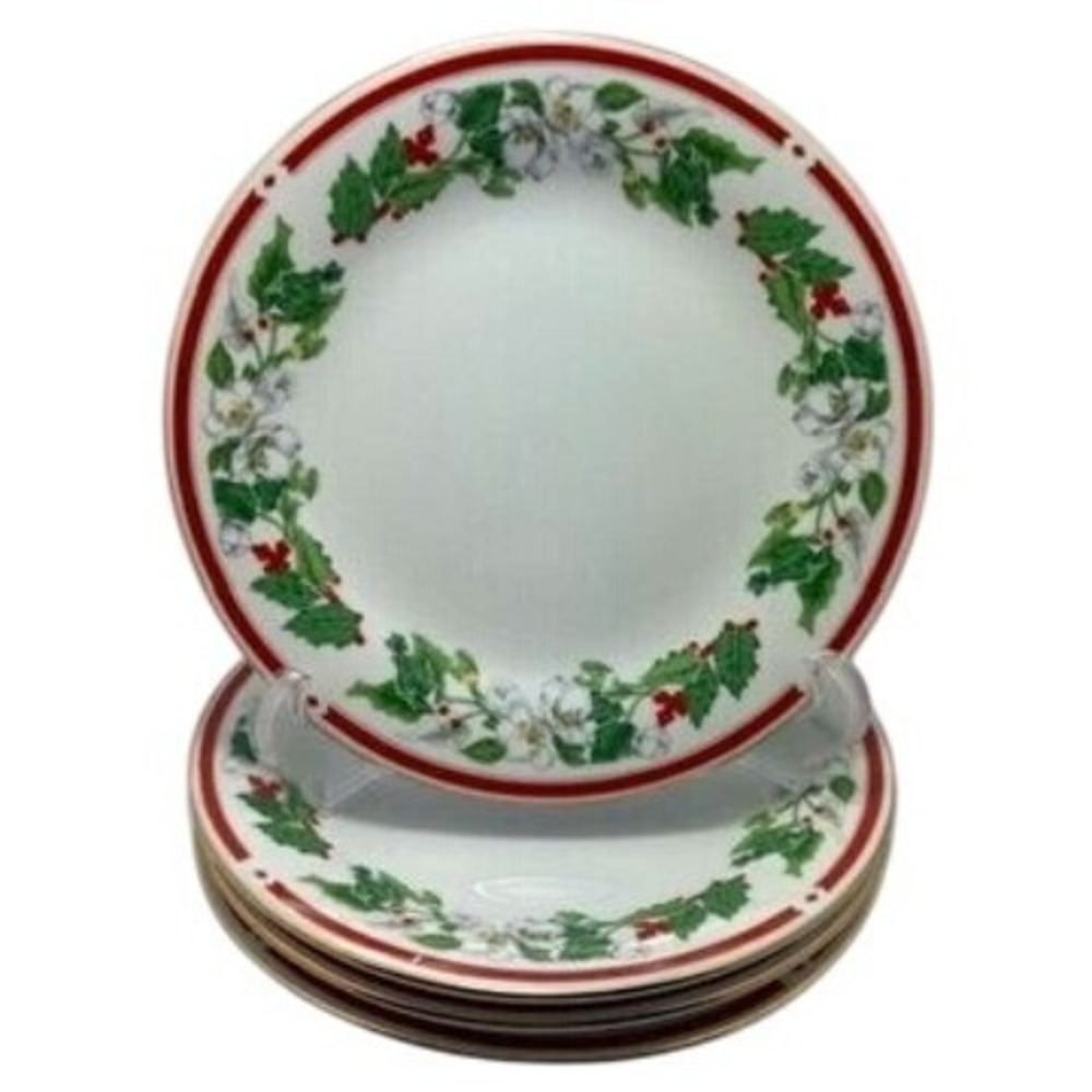 Vintage Lynns St Maria Bread Dessert‎ Plates Set Of 4 Christmas Holly Fine China